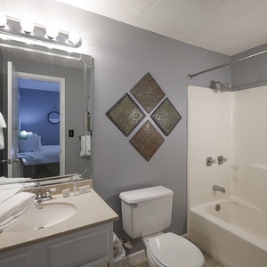 The guest bathroom features a clean design with a tub/shower combo, stylish decor, and ample counter space