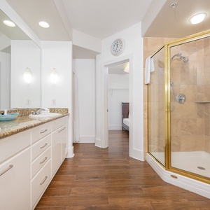Bright and inviting master bath featuring a spacious walk-in shower, jetted tub, and elegant granite countertops