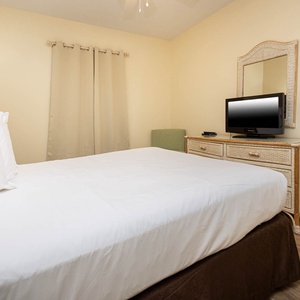 Comfortable guest bedroom featuring a large queen bed, a TV for entertainment, and soft lighting for a restful atmosphere