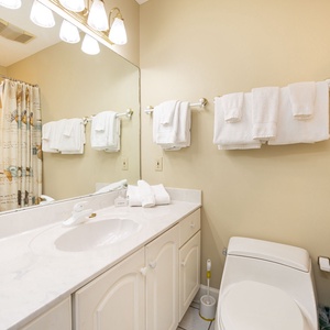 Refresh in the guest bathroom featuring a spacious vanity, elegant fixtures, and soft towels