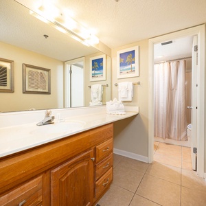 Brightly lit master bath features a spacious vanity with wooden cabinetry, decorative artwork, and a tub/shower combo