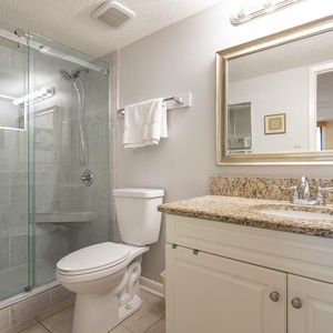 Modern master bath featuring a glass shower, elegant granite countertops, and a stylish mirror for a refreshing experience