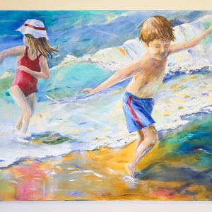 A vibrant painting depicts two children joyfully playing in the surf, capturing the essence of beachside fun and adventure