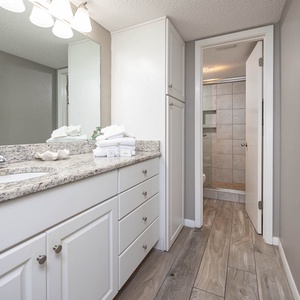 The master bath features a stylish granite countertop, bright lighting, and a walk-in shower, creating a refreshing vibe