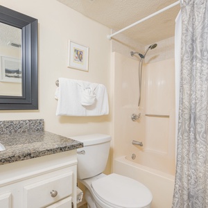 The guest bathroom features a granite countertop, a mirror, and a tub/shower combo with a decorative shower curtain