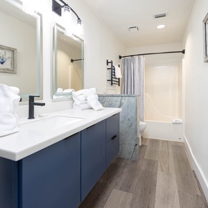 Experience relaxation in the stylish master bath with a stylish vanity, modern fixtures, and fresh towels