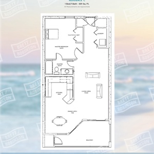 This floor plan showcases a one-bedroom layout with a master bedroom, living area, kitchen, and balcony for outdoor access