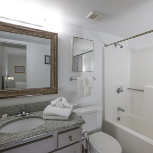 The guest bathroom features a granite countertop, a large mirror, and a tub/shower combo with plush towels neatly arranged