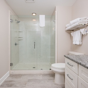 Stylish guest bathroom featuring a glass-enclosed shower, granite countertop, and fresh towels