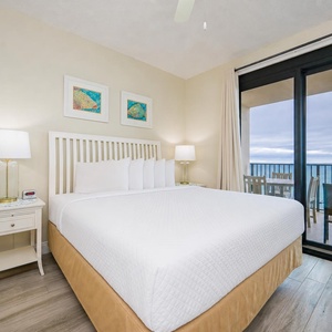 Relax in the king master suite while savoring the gentle coastal vibe and the stunning view from your balcony