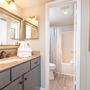 The guest bathroom features a stylish vanity with decorative mirrors, plush towels, and a tub/shower combo behind a curtain