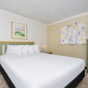The master bedroom features a large bed with white linens, a TV, and a colorful floral curtain, perfect for relaxation