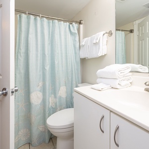 The guest bathroom features a light blue shower curtain, fresh towels, and a clean vanity, perfect for a refreshing stay