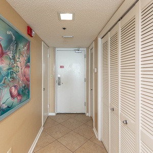 A vibrant fish-themed mural brightens the hallway leading to the entrance, flanked by convenient storage closets