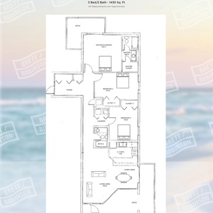 Floor plan showcasing a three-bedroom, two-bath residence with open living and dining areas, plus a breakfast bar