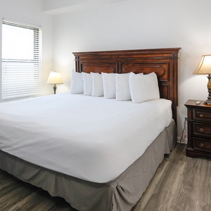 Guest bedroom featuring a plush king-size bed with decorative pillows and warm bedside lamps