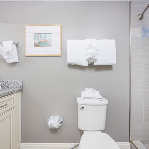 Granite countertop with neatly arranged towels and a framed beach art complement the modern walk-in shower in the guest bath