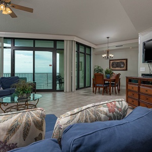 Unwind in the inviting living space with a queen sofa sleeper, where stunning views create the perfect relaxation spot