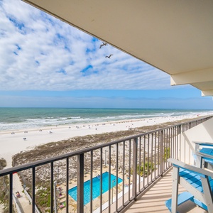 Relax on your balcony in cozy chairs, taking in the beautiful beach views and fresh coastal breezes