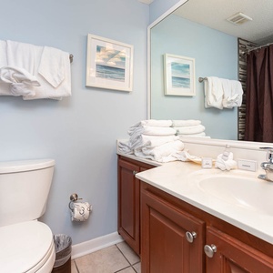 The guest bathroom features a clean design with a light blue wall, ample towels, and a spacious vanity with a large mirror