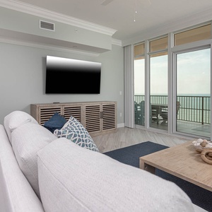 Gather in this welcoming living space with a queen sleeper sofa and enjoy stunning views through the windows