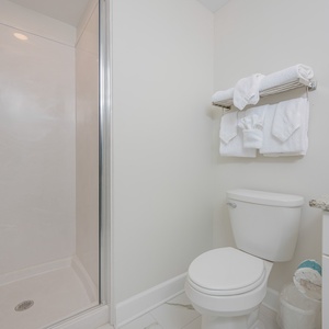 Stylish guest bath featuring a spacious walk-in shower, elegant lighting, and fresh towels