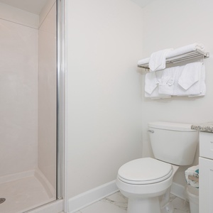 Refresh in the stylish guest bathroom featuring a walk-in shower, elegant lighting, and plush towels
