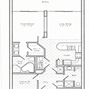 This floor plan showcases a spacious living and dining area that flows seamlessly into the kitchen, perfect for entertaining