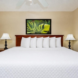 This inviting bedroom features a plush king bed with crisp white linens, complemented by tropical artwork and soft lighting