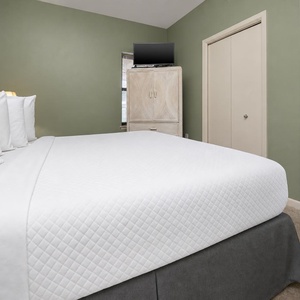 A comfortable bedroom features a king bed with white linens, a light green accent wall, and a TV atop a stylish cabinet