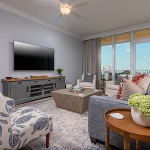 Sink into plush sofa cushions, stream shows on the TV, and watch the gulf through floor-to-ceiling windows