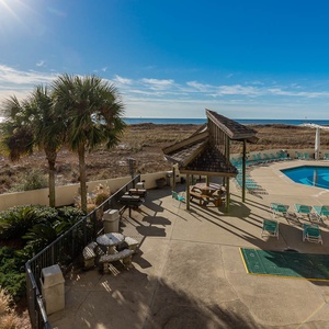 Relax by the pool area surrounded by lounge chairs, with a view of the beach and palm trees under a bright blue sky