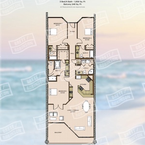 Spacious floor plan featuring three bedrooms, four baths, and a large balcony perfect for enjoying coastal views
