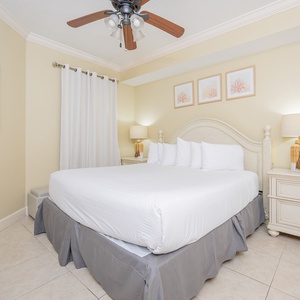 Retreat to the king master suite with cozy bedding after a day of adventure and drift off into a peaceful slumber