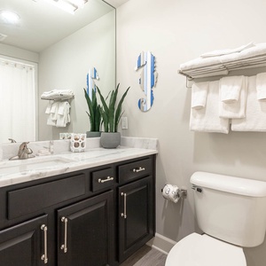 Rinse of in the shower area in this stylish guest bath and freshen up at the elegant vanity