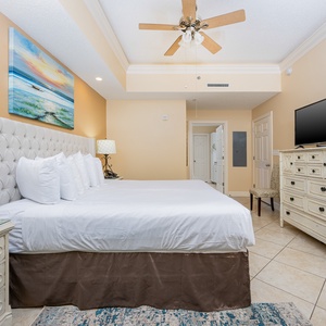 Drift into comfort in the king master suite, surrounded by serene decor and ready for restful nights on the beach