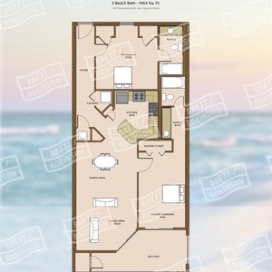 Floor plan showcasing a two-bedroom, two-bath layout with living area, dining space, and a well-equipped kitchen