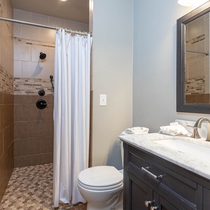 Stylish bathroom featuring a roll-in shower with rails that is wheelchair accessible, modern fixtures, and a marbled vanity
