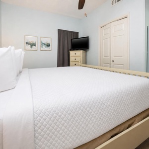 Brightly colored walls complement the inviting king bed, while a TV and artwork enhance the relaxing vibe of this bedroom