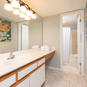 Master bathroom featuring a large vanity with a floral painting, fresh towels, and a tub/shower combo behind a curtain