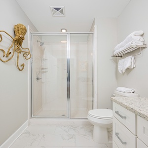 Experience a stylish guest bathroom featuring a spacious vanity, elegant fixtures, and a refreshing walk-in shower