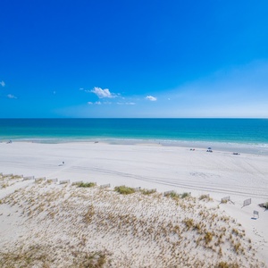 Gaze at the expansive shoreline, where soft sands meet tranquil waters under a bright blue sky