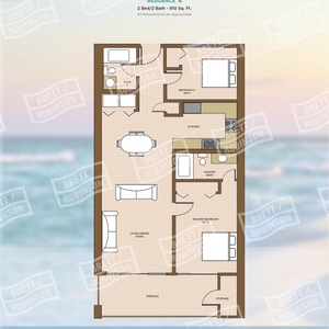 Charming floor plan showcasing a spacious 2-bedroom layout with a cozy living area and modern kitchen design