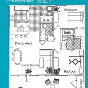 Spacious two-bedroom floor plan featuring a cozy living room, dining area, and modern kitchen layout for family gatherings