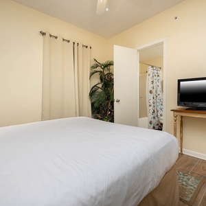 Cozy guest bedroom featuring a comfortable queen bed, a TV for entertainment, and easy access to the bathroom