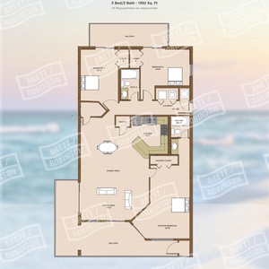 Spacious corner three-bedroom layout with beachfront balcony from the master and guest room balcony access