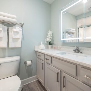 Enjoy a refreshing shower in this guest bath with stylish accents and a sleek design