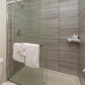The master bathroom features a sleek walk-in shower with glass doors and neatly arranged white towels on a towel rack
