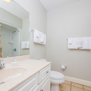 Enjoy a relaxing shower after a day of adventure in this guest bath with fluffy towels