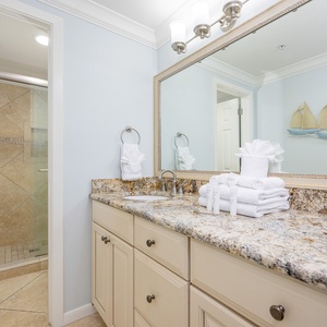 Granite countertops in the master bath reflect soft light while the walk-in shower awaits your refreshment